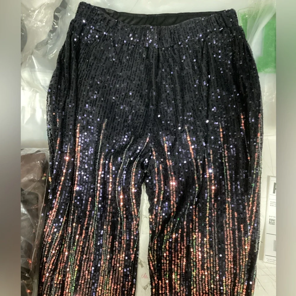 High Waist Stretchy Bell Bottom Trousers Ruffle Hem 70s Vintage Disco Outfit L - Picture 2 of 4